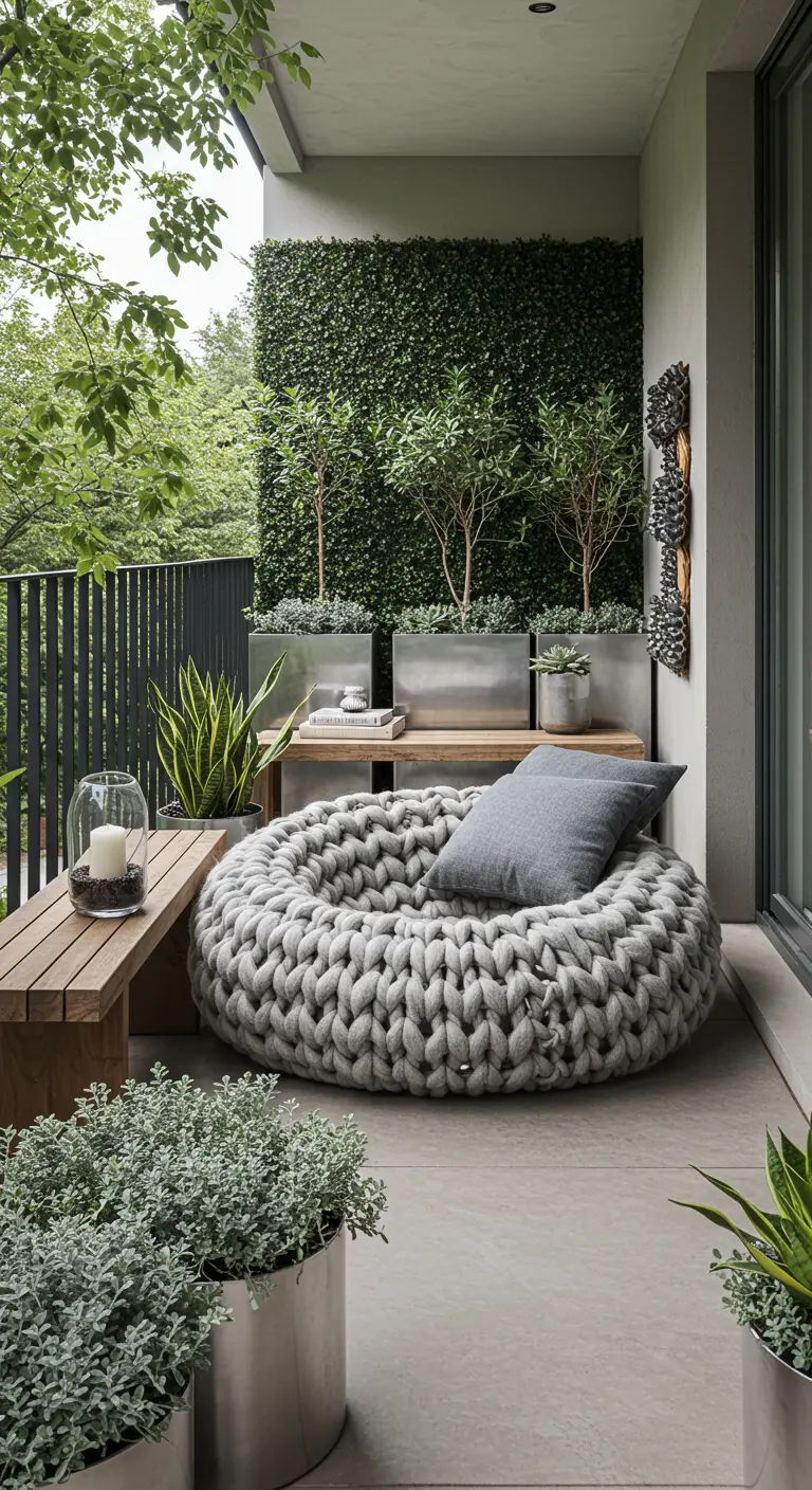 Balcón moderno con un gran puf de punto gris, banco de madera, maceteros metálicos y un seto artificial