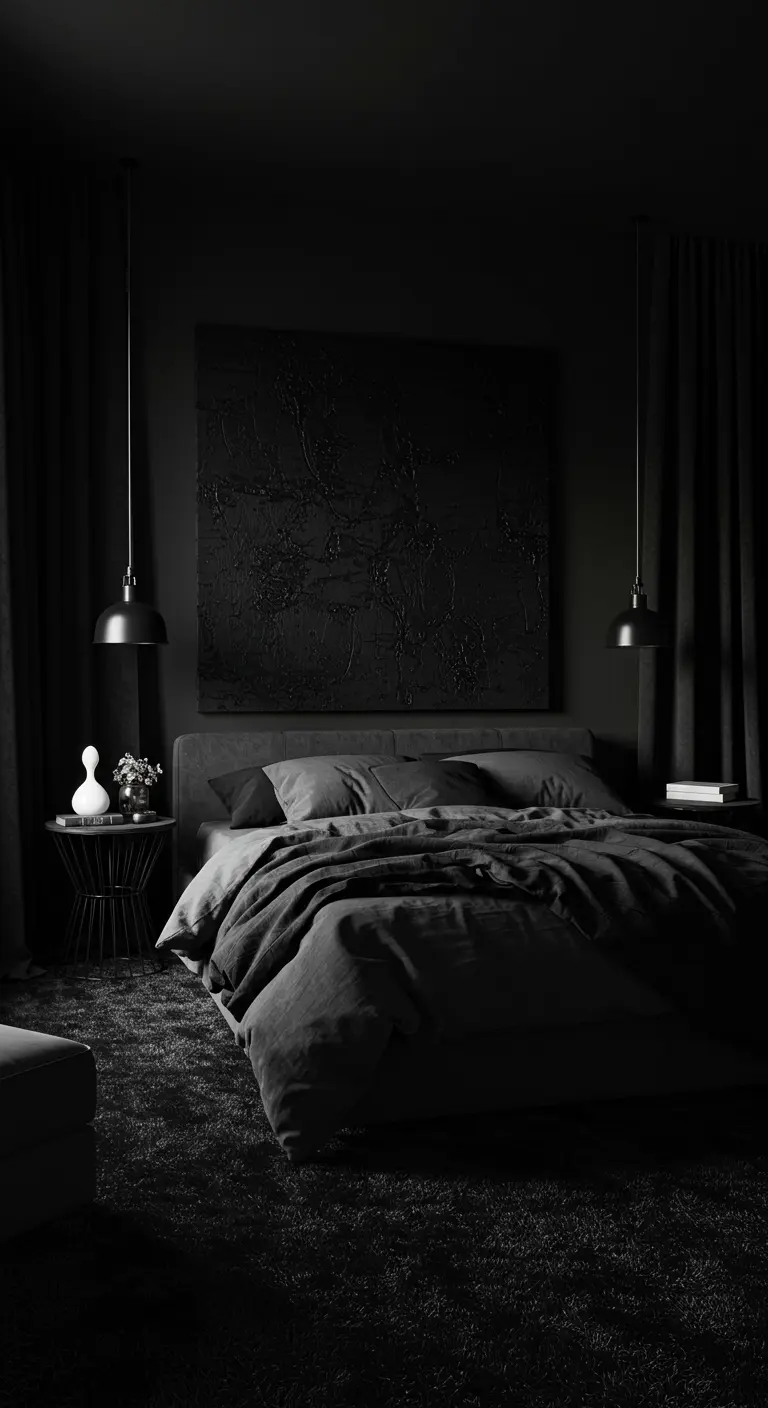 Dormitorio monocromático totalmente negro con diferentes texturas en paredes, suelo y cama.