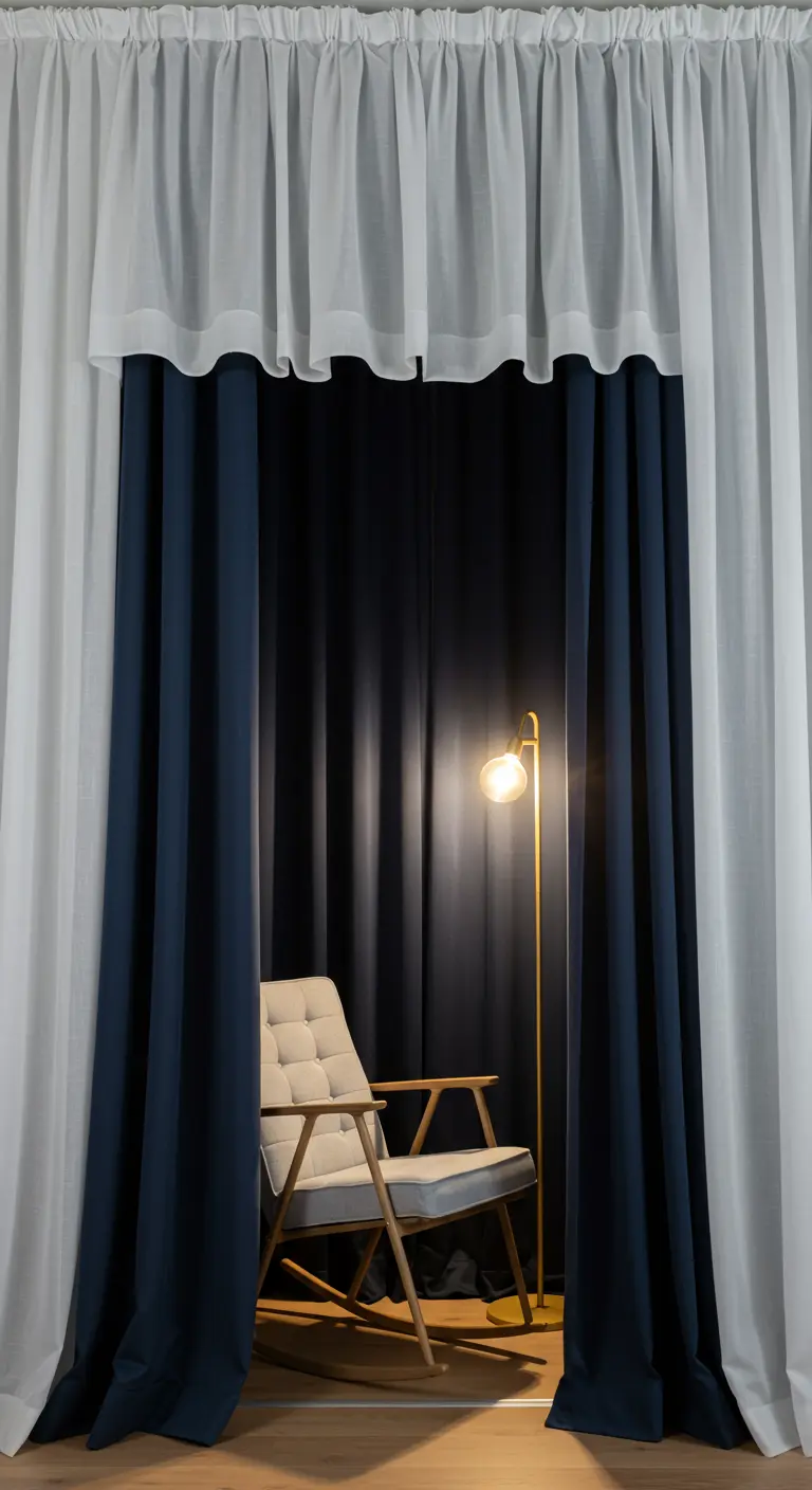 Rincón de lectura con doble cortina, una capa de gasa blanca y otra de terciopelo azul oscuro