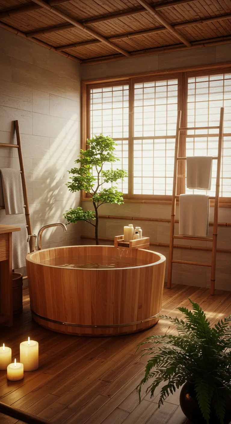 Baño de estilo japonés con bañera redonda de madera y escaleras de bambú.