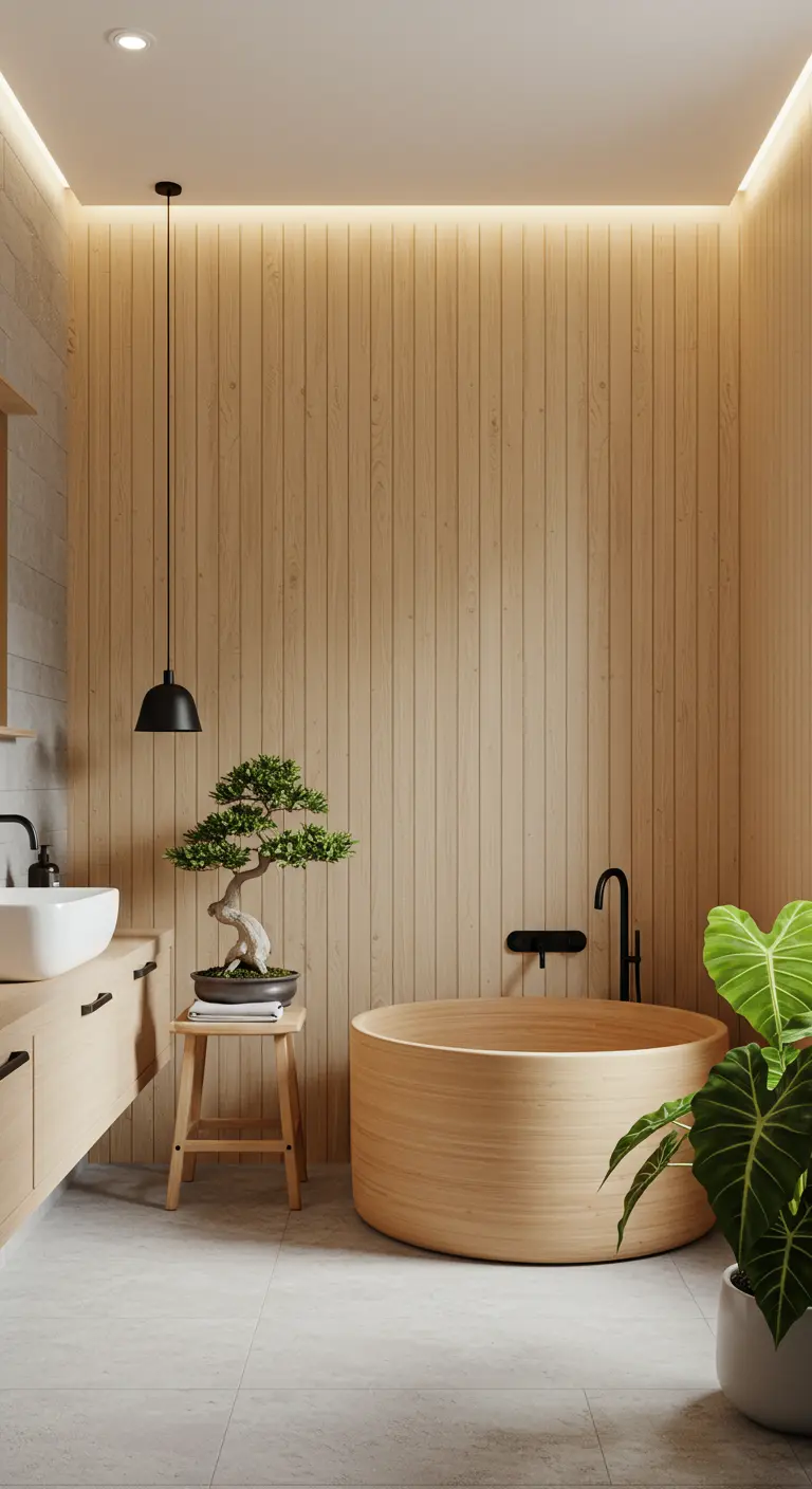 Baño de inspiración japonesa con paredes de listones de madera y bañera redonda