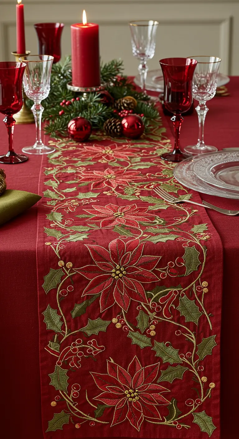 Camino de mesa rojo con flores de pascua bordadas detalladamente en rojo y dorado.