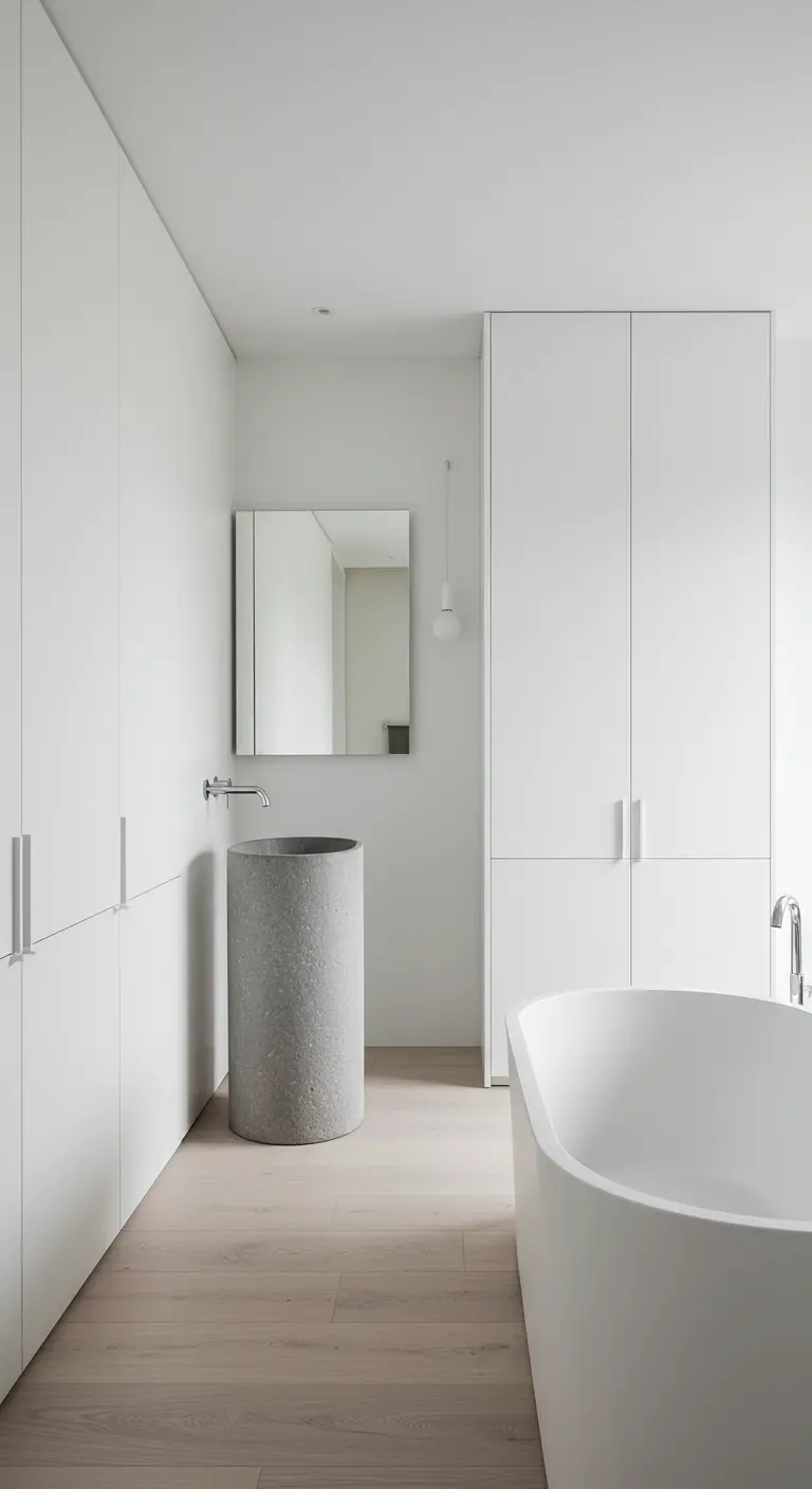Baño blanco minimalista con armarios de pared a pared sin tiradores y un lavabo de pedestal de cemento.