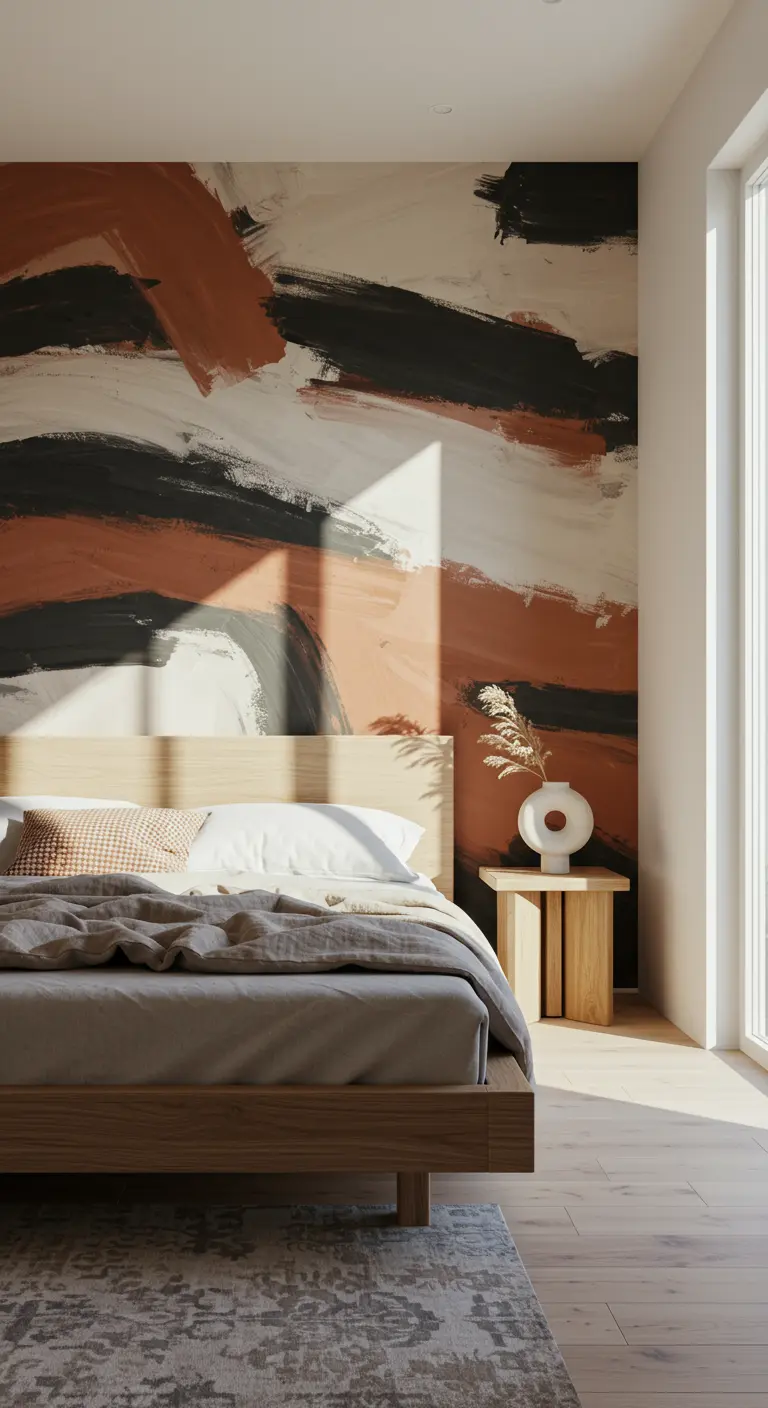 Mural abstracto en tonos terracota, negro y blanco detrás de una cama de madera clara.