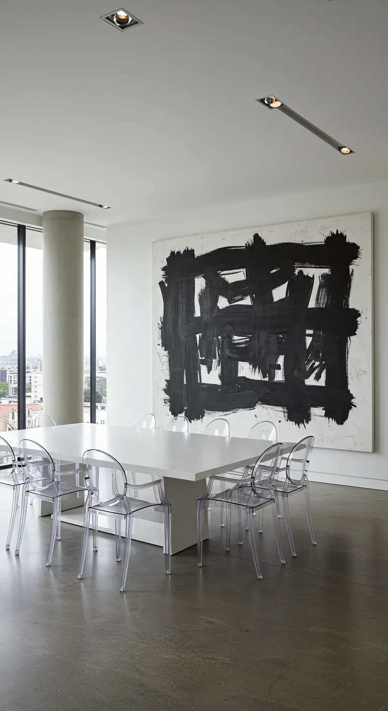Comedor minimalista con gran cuadro abstracto en blanco y negro y sillas transparentes.