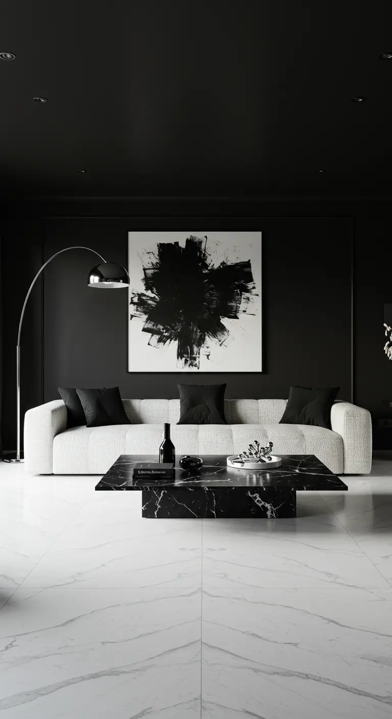 Sala de estar con paredes negras, sofá blanco y mesa de centro de mármol negro.