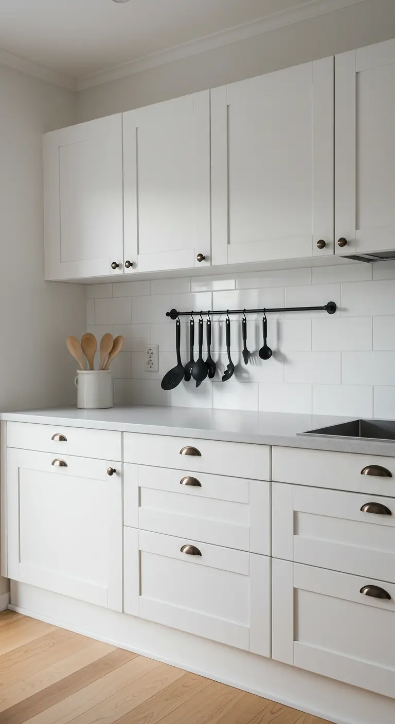 Cocina blanca con una barra negra horizontal para colgar utensilios de cocina negros