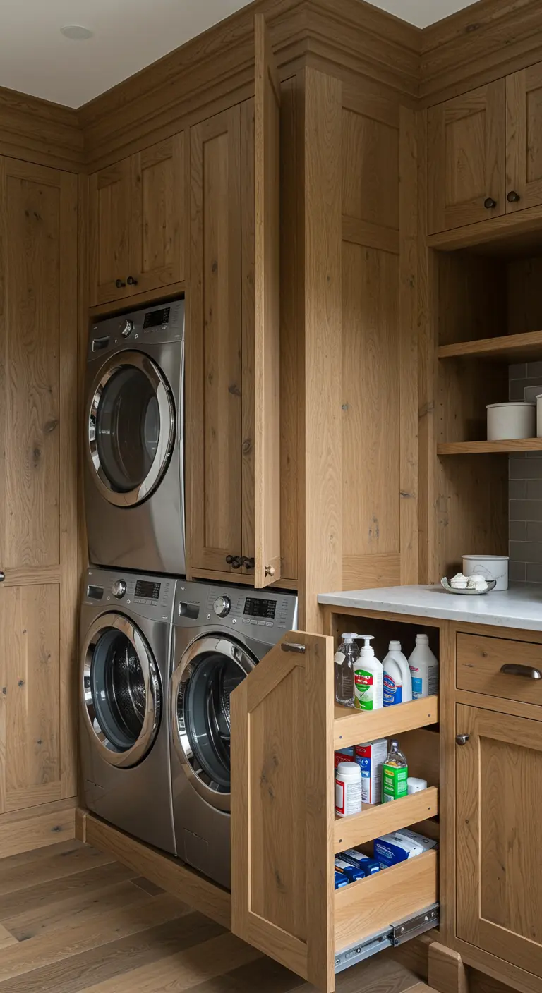 Armario extraíble vertical y estrecho en una lavandería de madera para guardar detergentes.