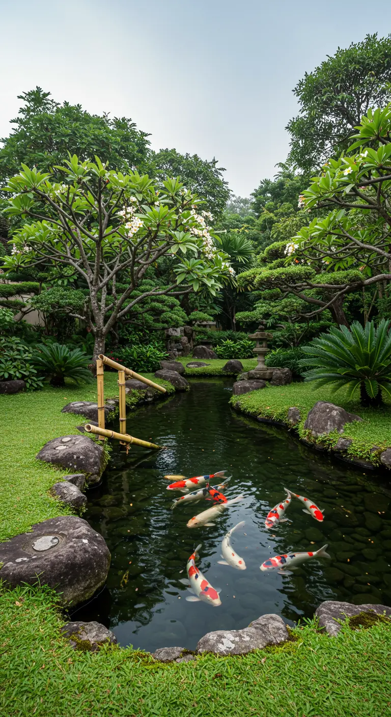 Estanque de peces koi en un jardín japonés con rocas, césped y árboles frondosos.