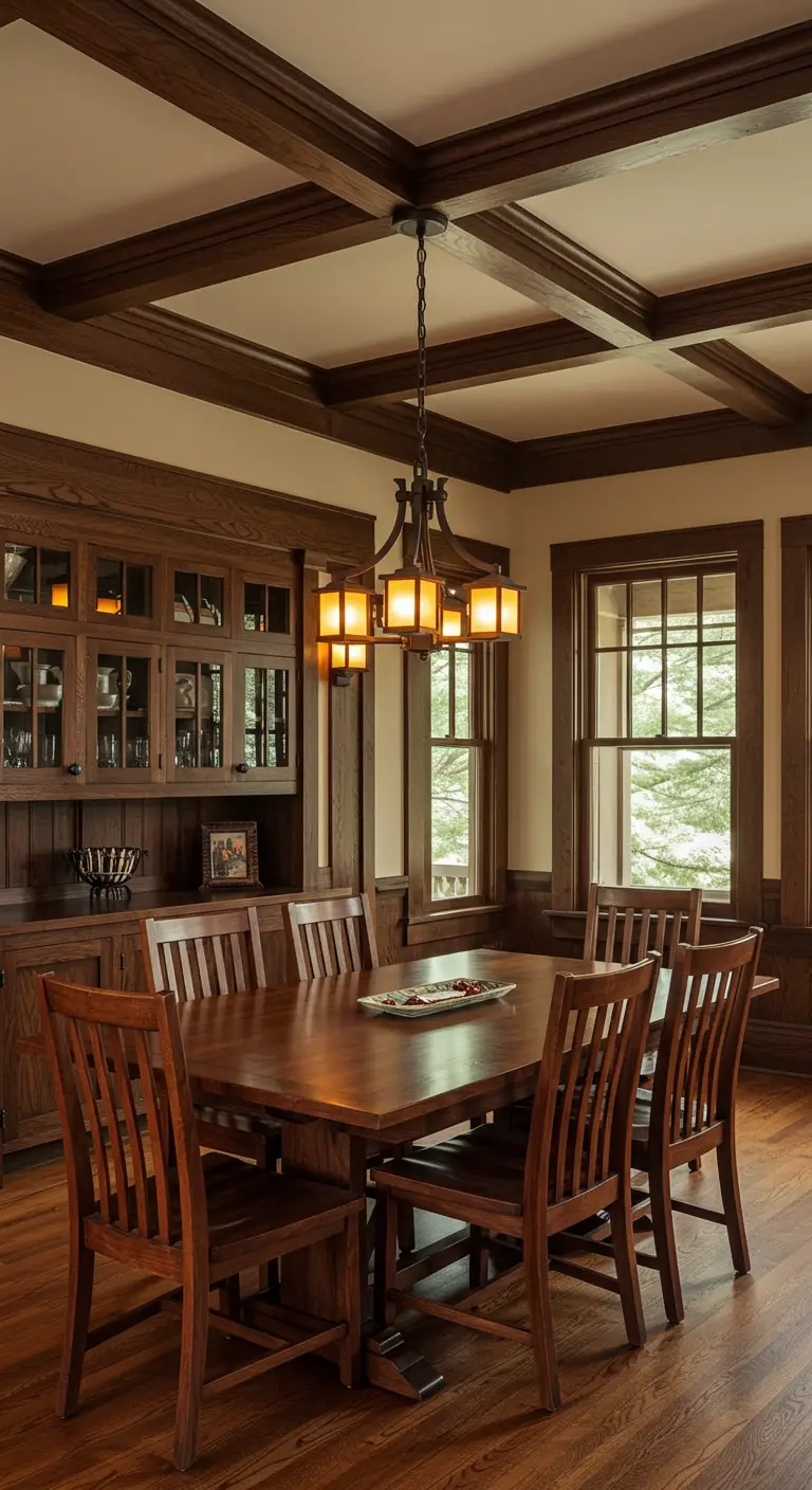Comedor de estilo Craftsman con techo artesonado de madera y vitrinas a juego