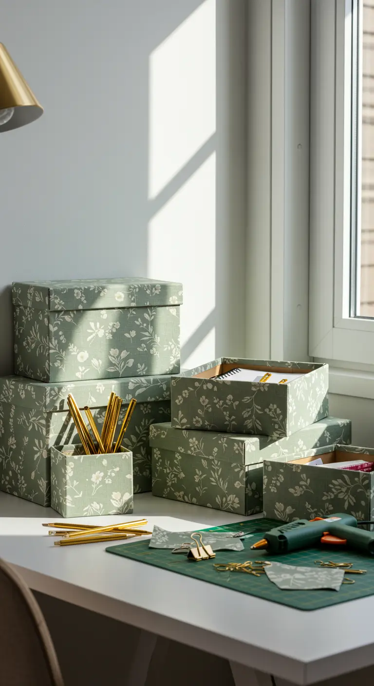 Cajas de zapatos forradas con papel de flores verde salvia apiladas en un escritorio.