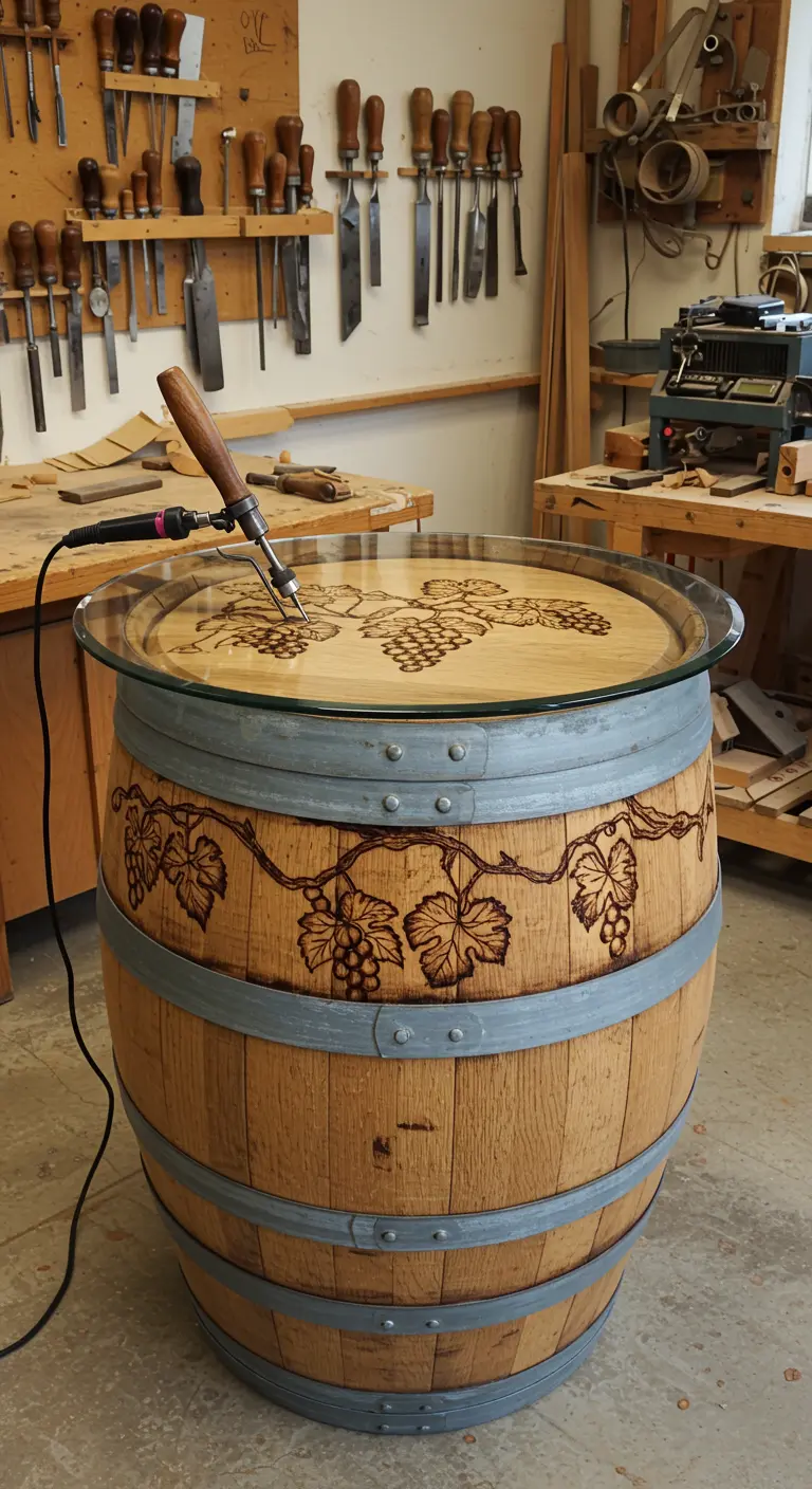 Mesa con base de barril decorada con un detallado dibujo de vides y uvas hecho con pirograbado