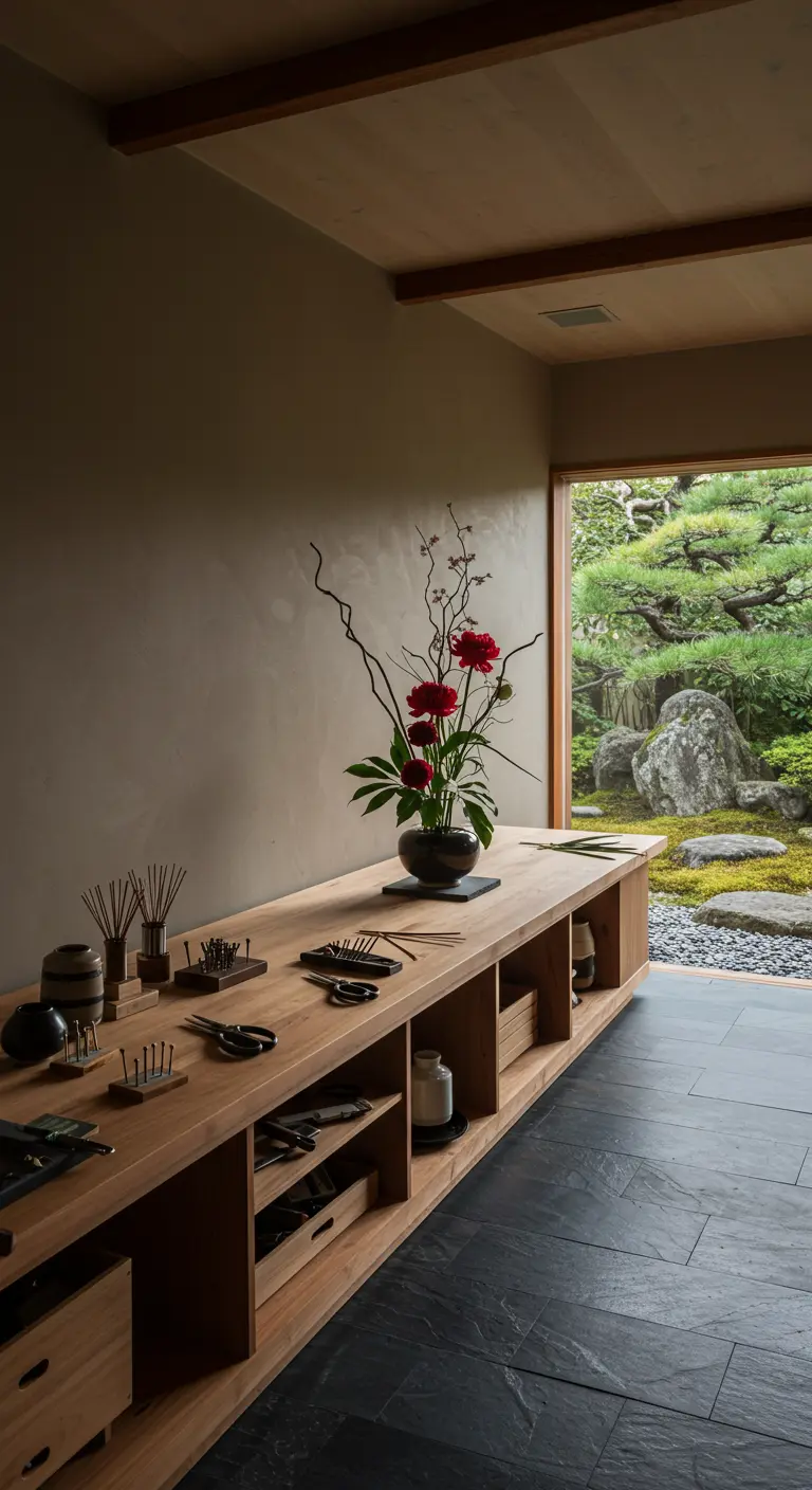 Mesa de trabajo de madera para arreglos florales ikebana con vistas a un jardín zen