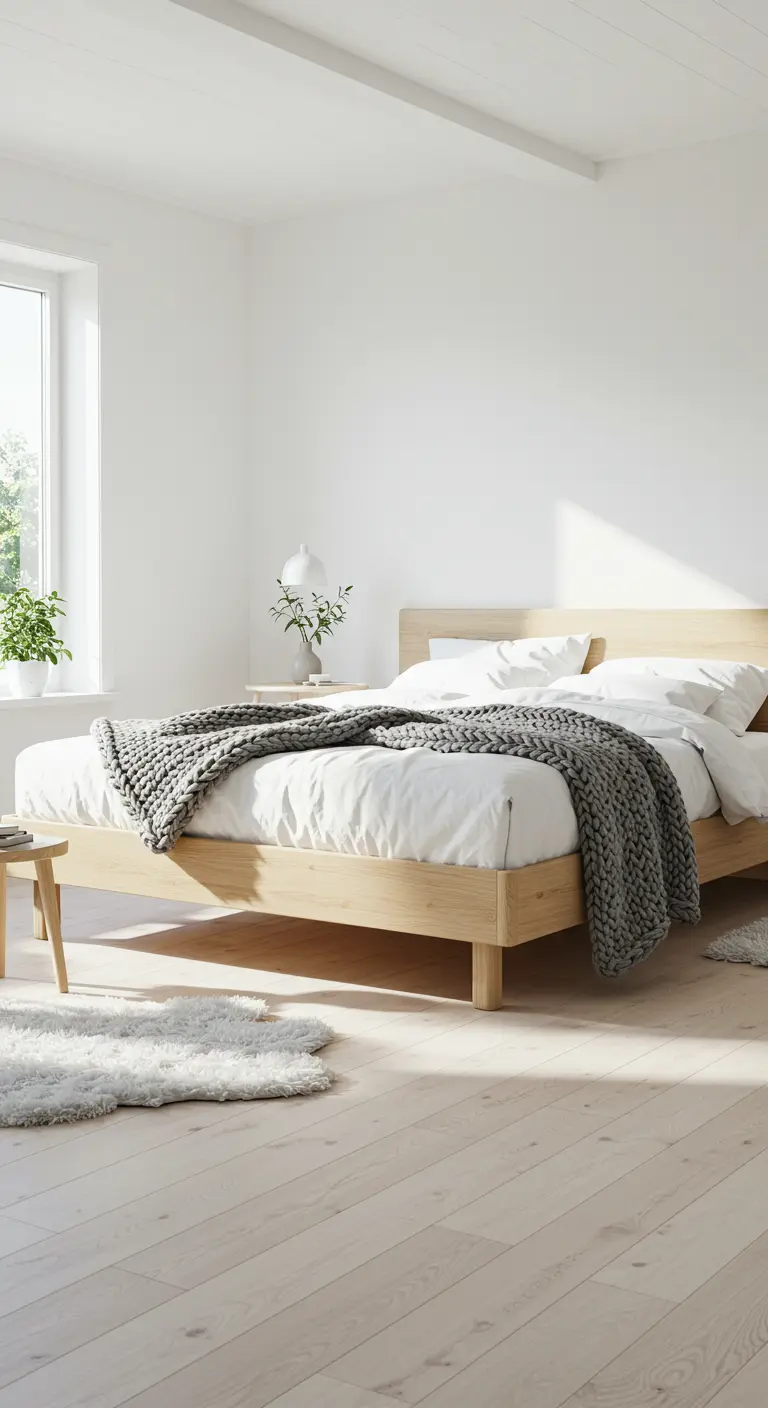 Dormitorio minimalista con cama de madera clara, ropa de cama blanca y manta de punto gris.