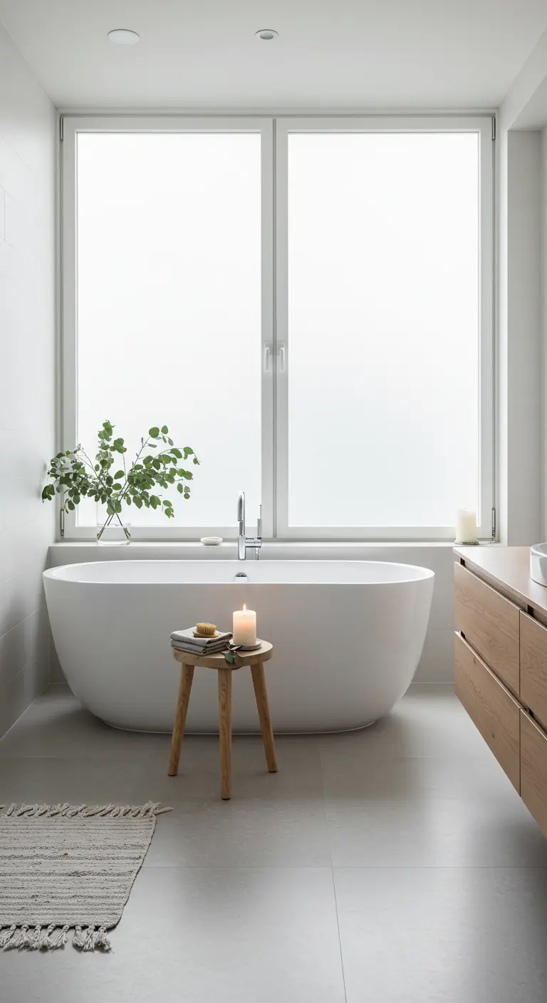 Baño minimalista con bañera exenta, taburete de madera y una rama verde en un jarrón.