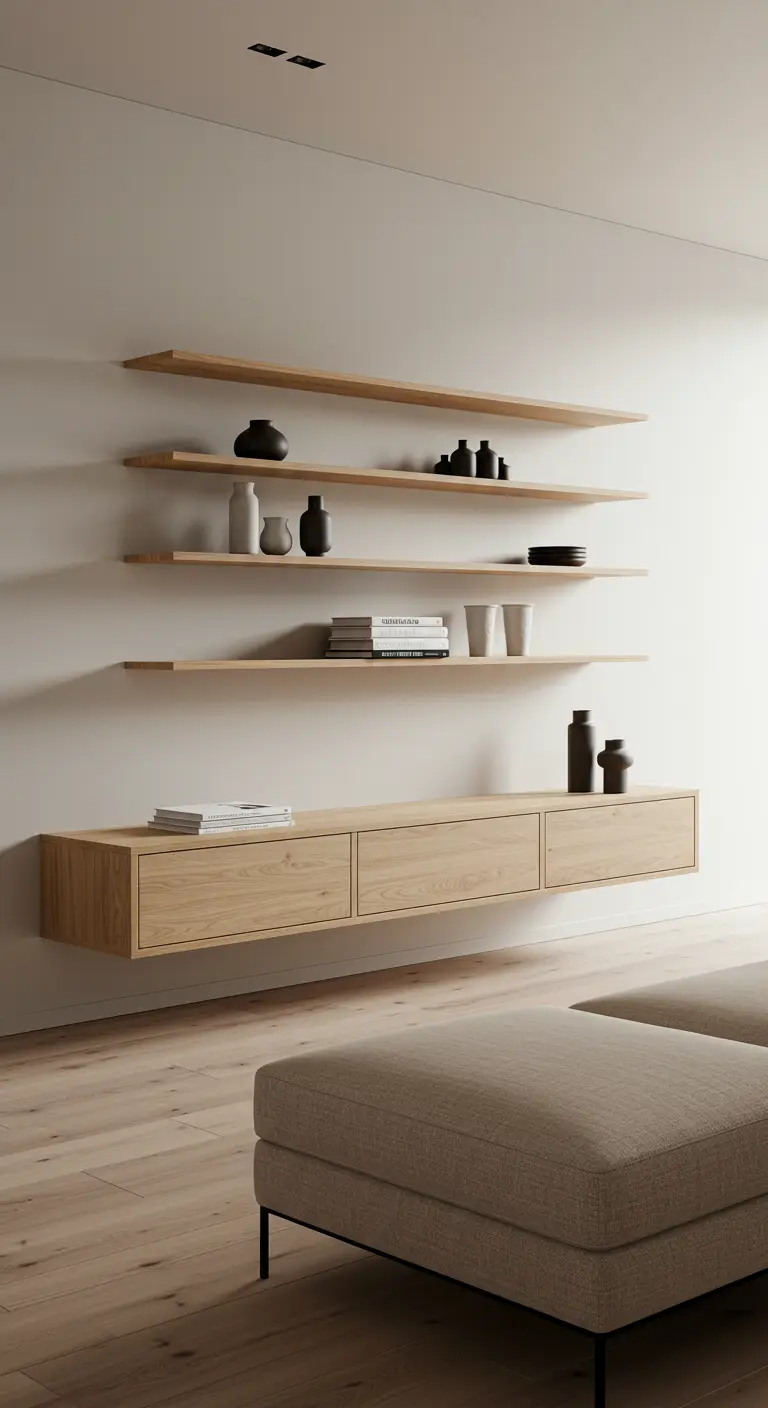 Estanterías flotantes de madera clara y mueble bajo a juego en una pared blanca minimalista.