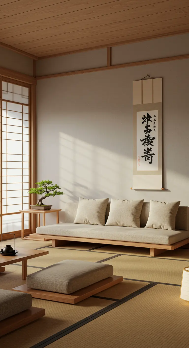 Interior de una sala de estar de estilo japonés con sofá bajo, tatami y un bonsái.