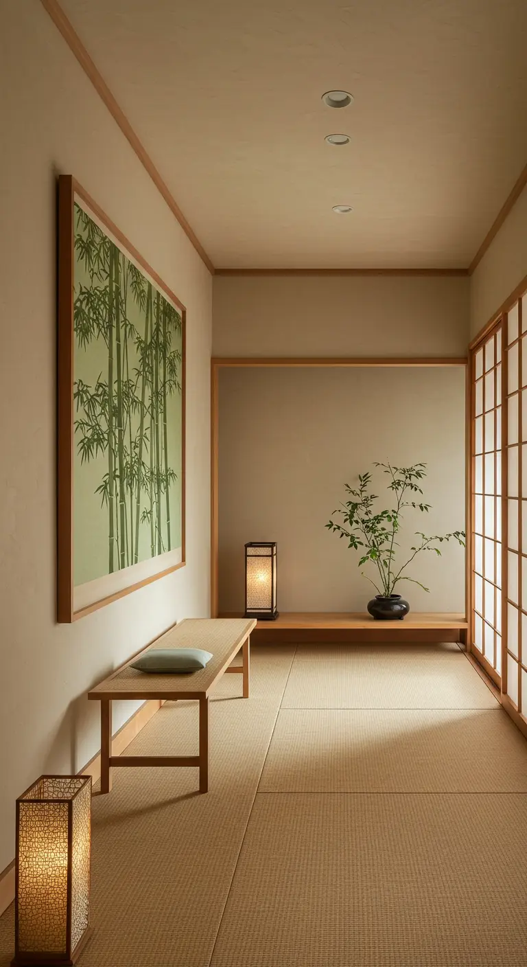 Pasillo de estilo japonés con un gran cuadro de bambú, banco bajo y lámparas de papel