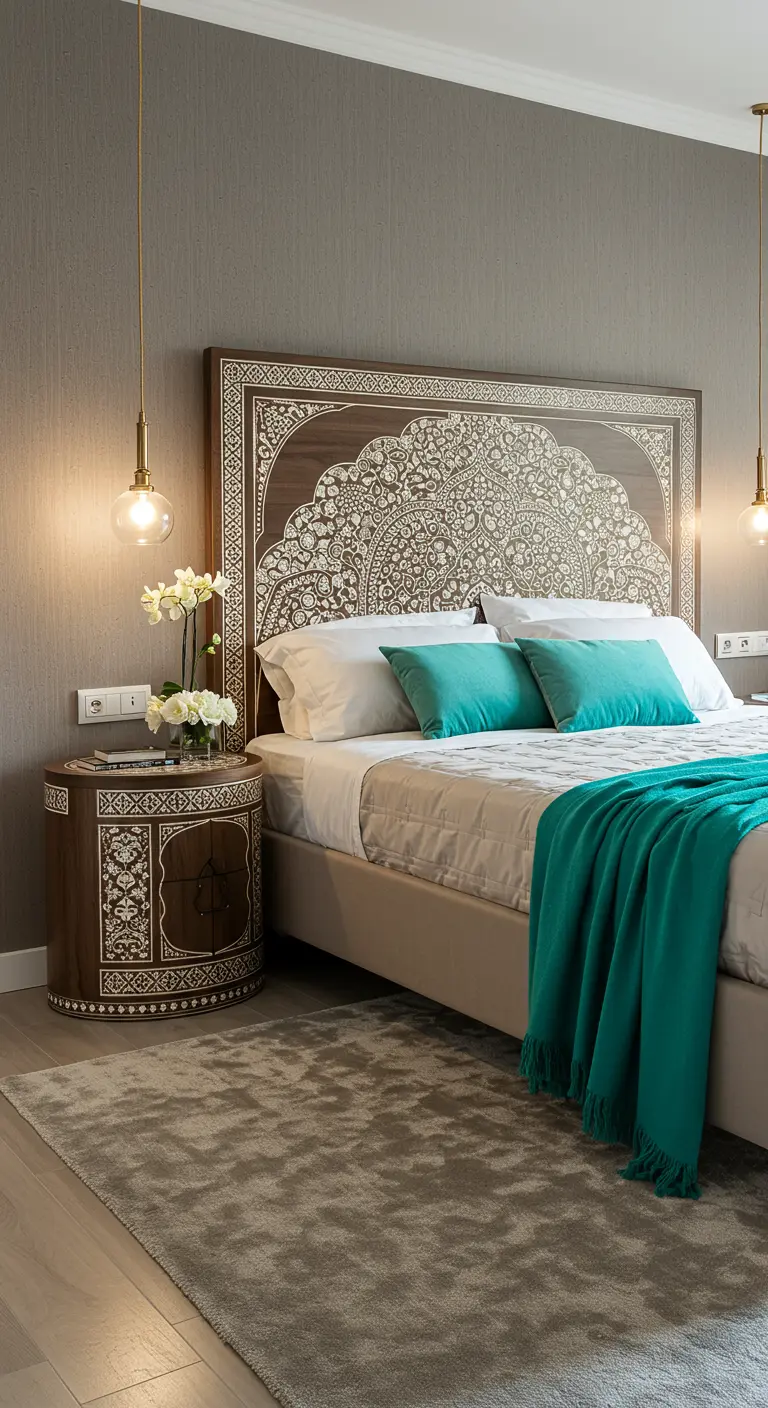 Dormitorio con cabecero y mesita de noche con incrustaciones de nácar y acentos turquesa