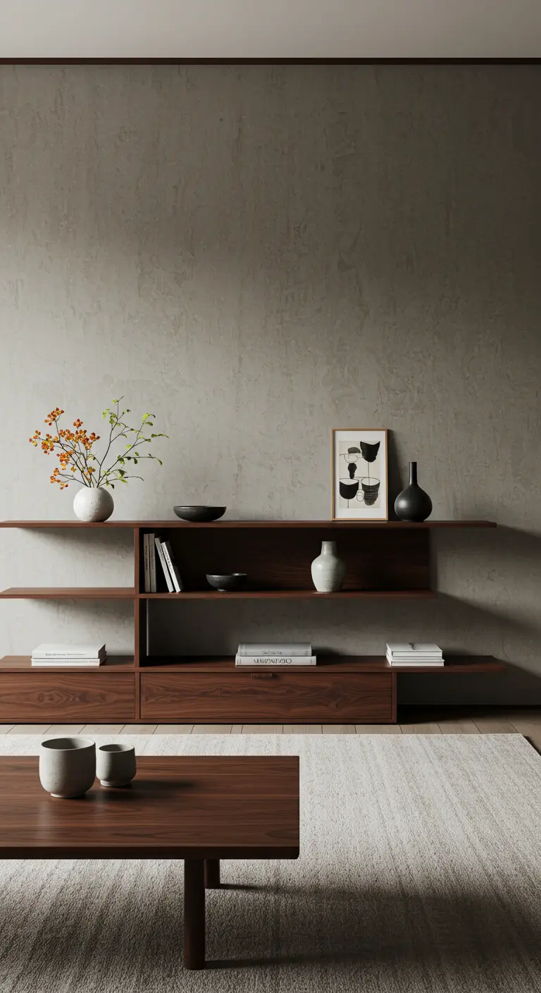 Estantería modular flotante de madera oscura sobre una pared de microcemento, estilo minimalista.