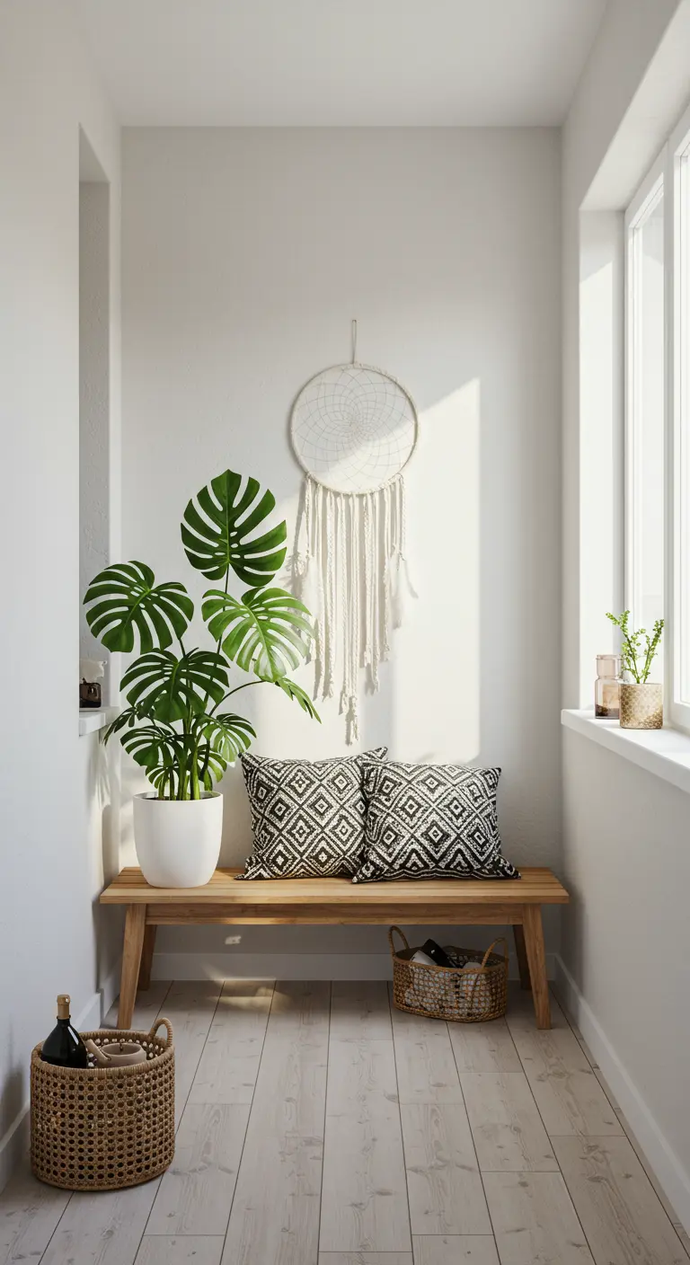 Balcón minimalista con banco de madera, planta Monstera y cojines geométricos en blanco y negro.