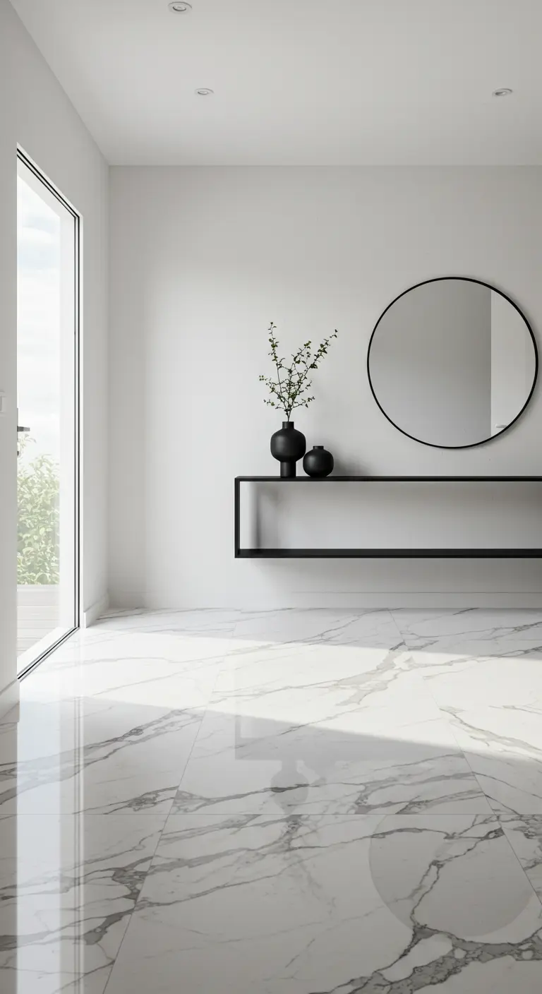 Recibidor minimalista con suelo de mármol blanco, consola flotante negra y espejo redondo.