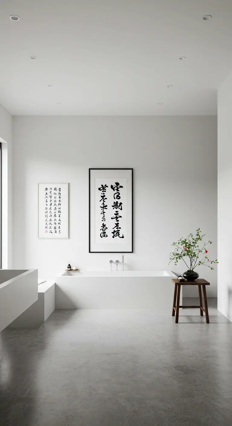 Baño blanco minimalista con arte de caligrafía japonesa en la pared y un taburete de madera.