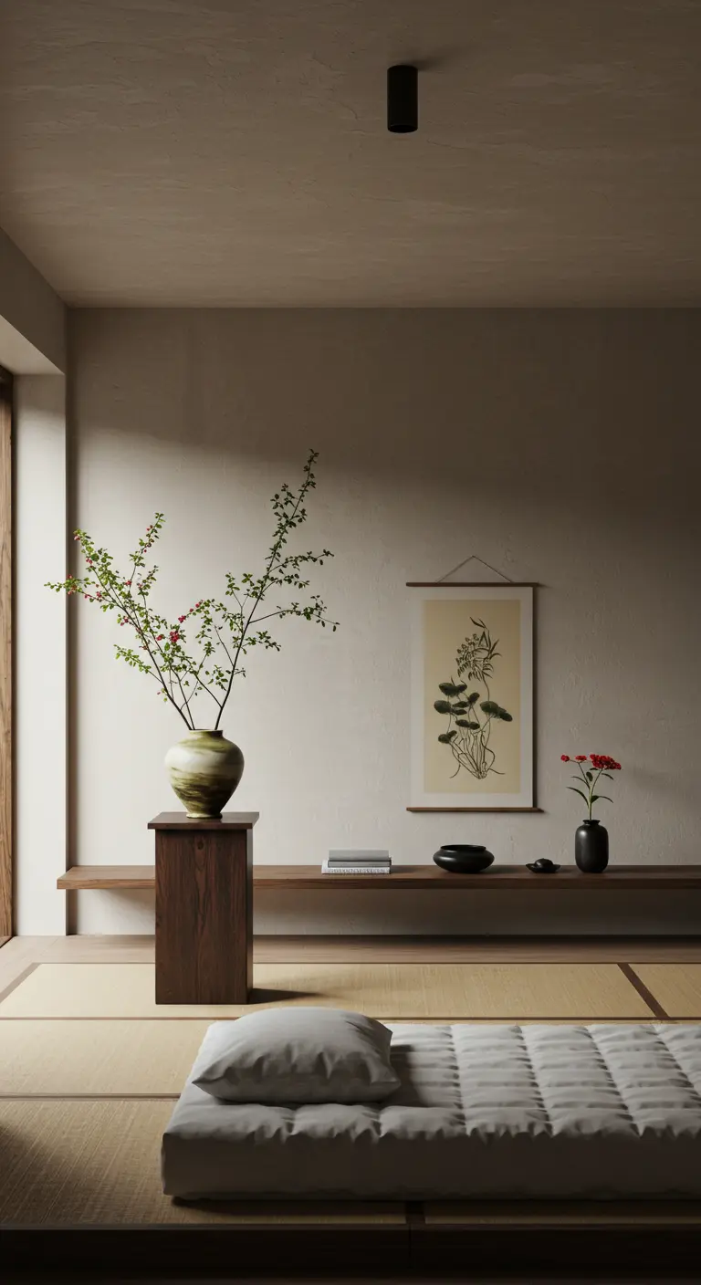Espacio minimalista con futón, un banco bajo de madera, y un arreglo floral ikebana.