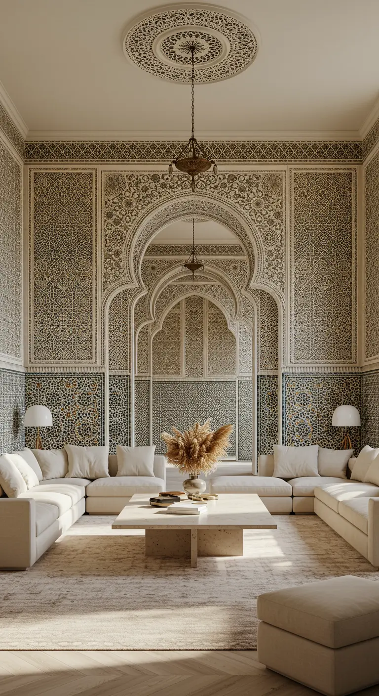 Salón de lujo con paredes y techo ornamentados en tonos neutros y un gran sofá modular.