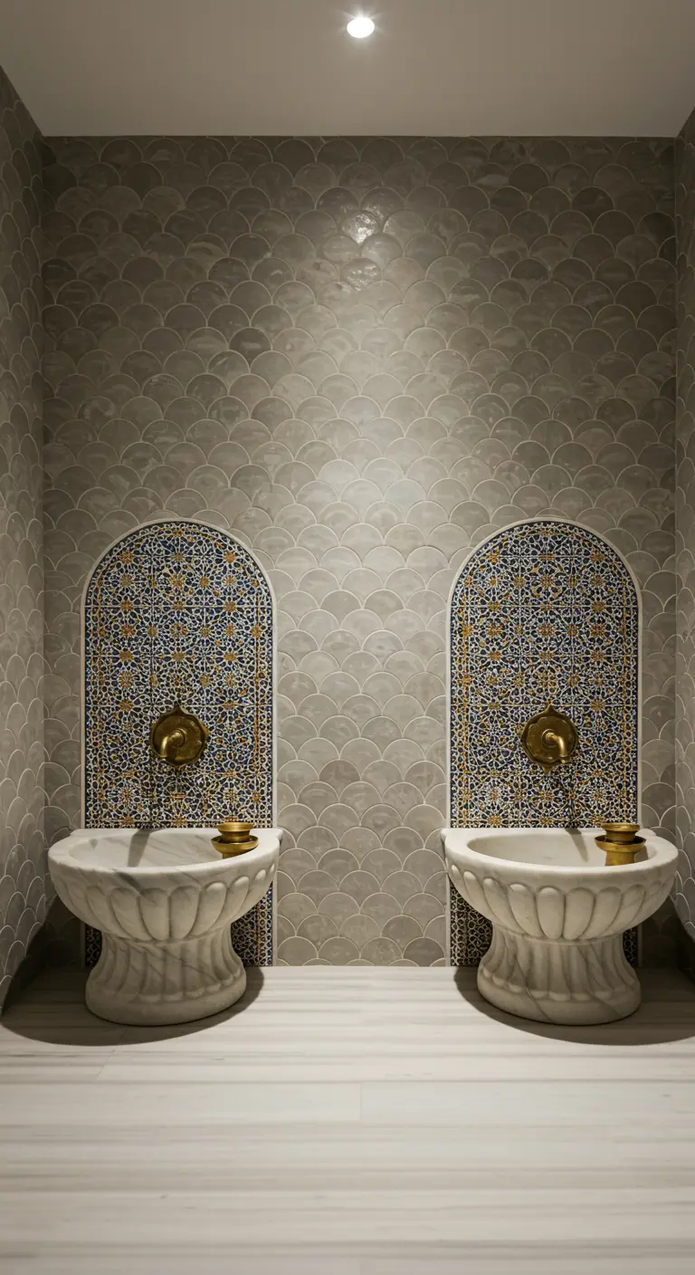 Dos lavabos de mármol en un baño con nichos de mosaico azul y paredes de azulejos grises