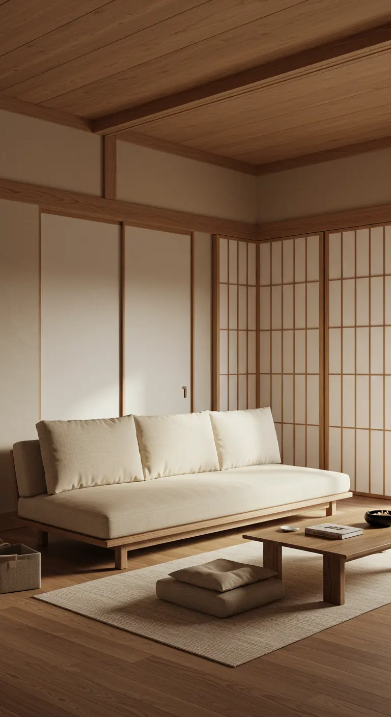 Sofá cama bajo de madera clara y tela beige en un ambiente minimalista de inspiración japonesa.