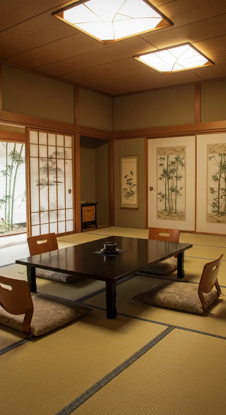 Salón de té japonés con puertas correderas fusuma pintadas con motivos de bambú.