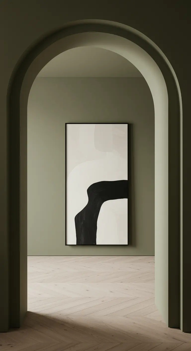 Un cuadro abstracto en blanco y negro visto a través de un arco pintado en verde salvia.