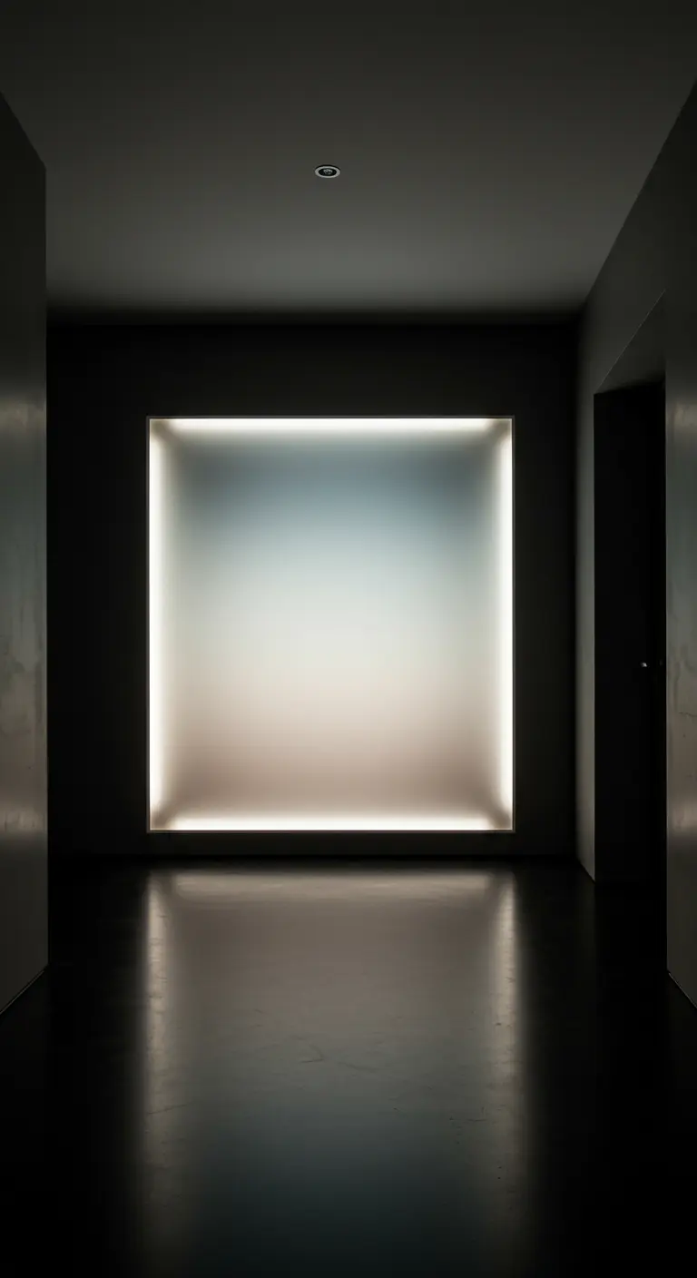 Pasillo oscuro con una gran caja de luz cuadrada en la pared que emite una luz degradada.