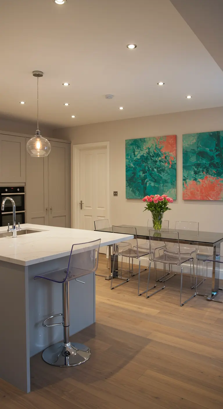 Cocina-comedor con díptico abstracto en turquesa y coral y sillas transparentes.