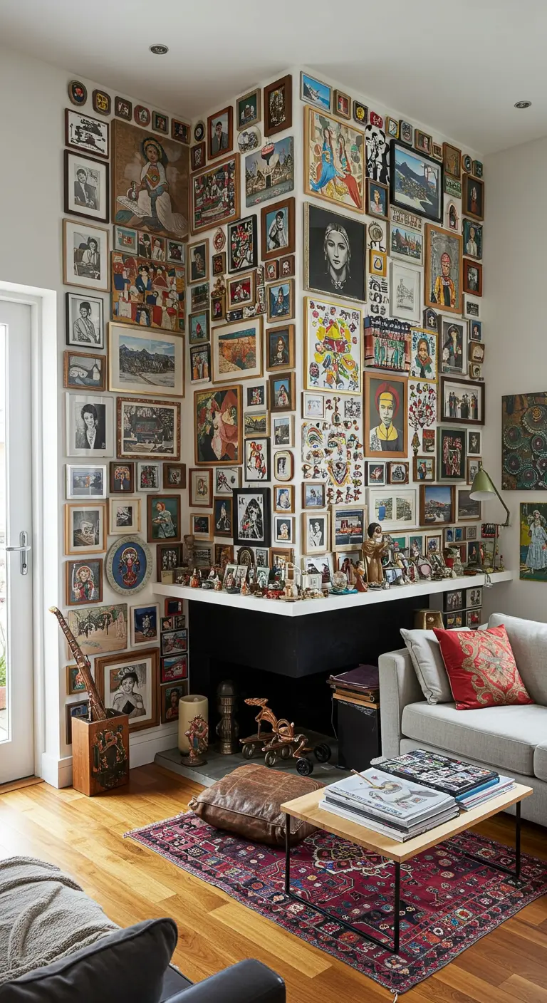 Pared de galería que se extiende alrededor de una esquina de la habitación, llena de arte ecléctico