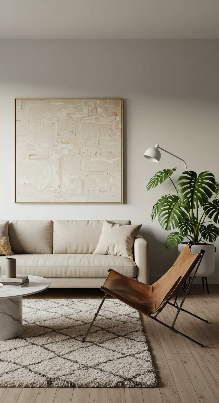Sala minimalista con un gran cuadro de texturas en yeso sobre el sofá.