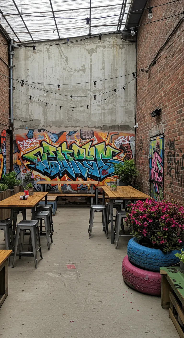 Patio industrial con un colorido mural de graffiti, mesas altas y flores en neumáticos pintados.