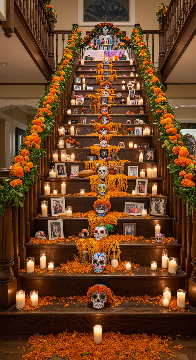 Escalera de madera decorada como un gran altar de muertos, con ofrendas en cada escalón.