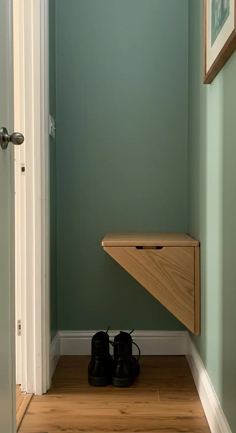 Pequeño asiento de esquina plegable de madera en un pasillo estrecho de color verde.