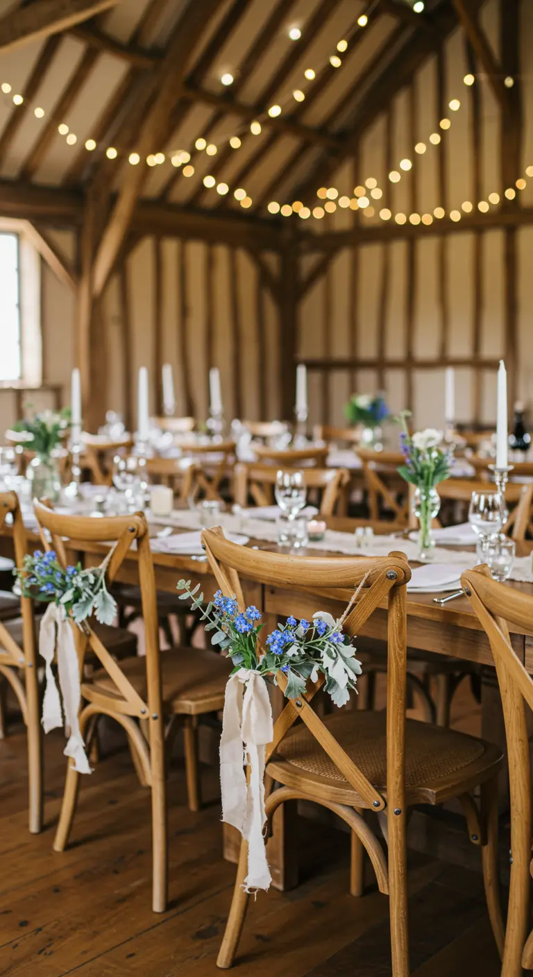 Silla de madera con un pequeño ramo de flores azules atado con una cinta de tela.