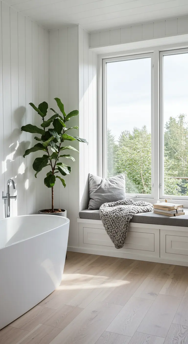 Baño minimalista blanco con asiento de ventana, planta alta y bañera exenta.