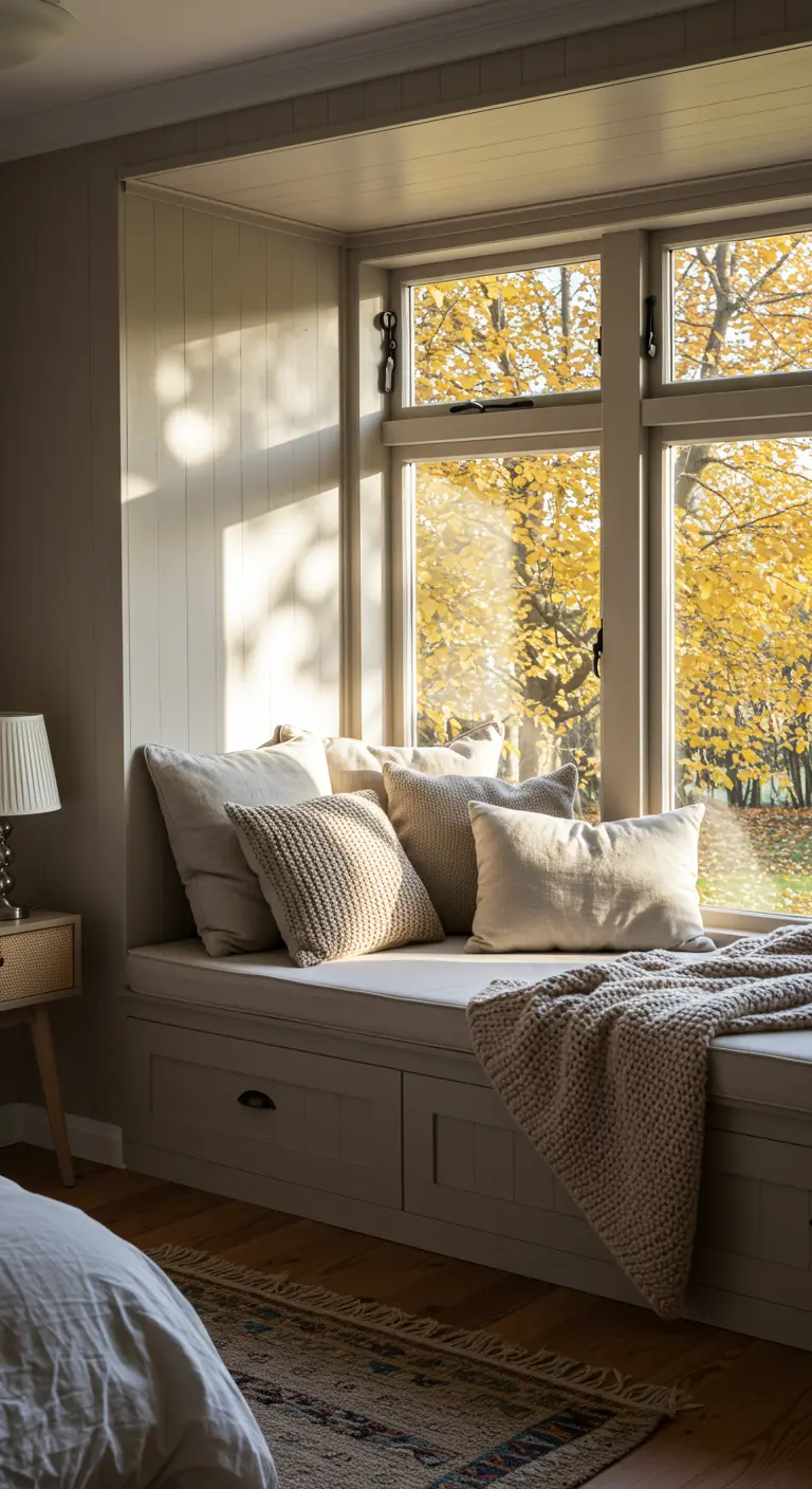 Banco bajo la ventana con colchoneta, muchos cojines y vistas a un jardín otoñal