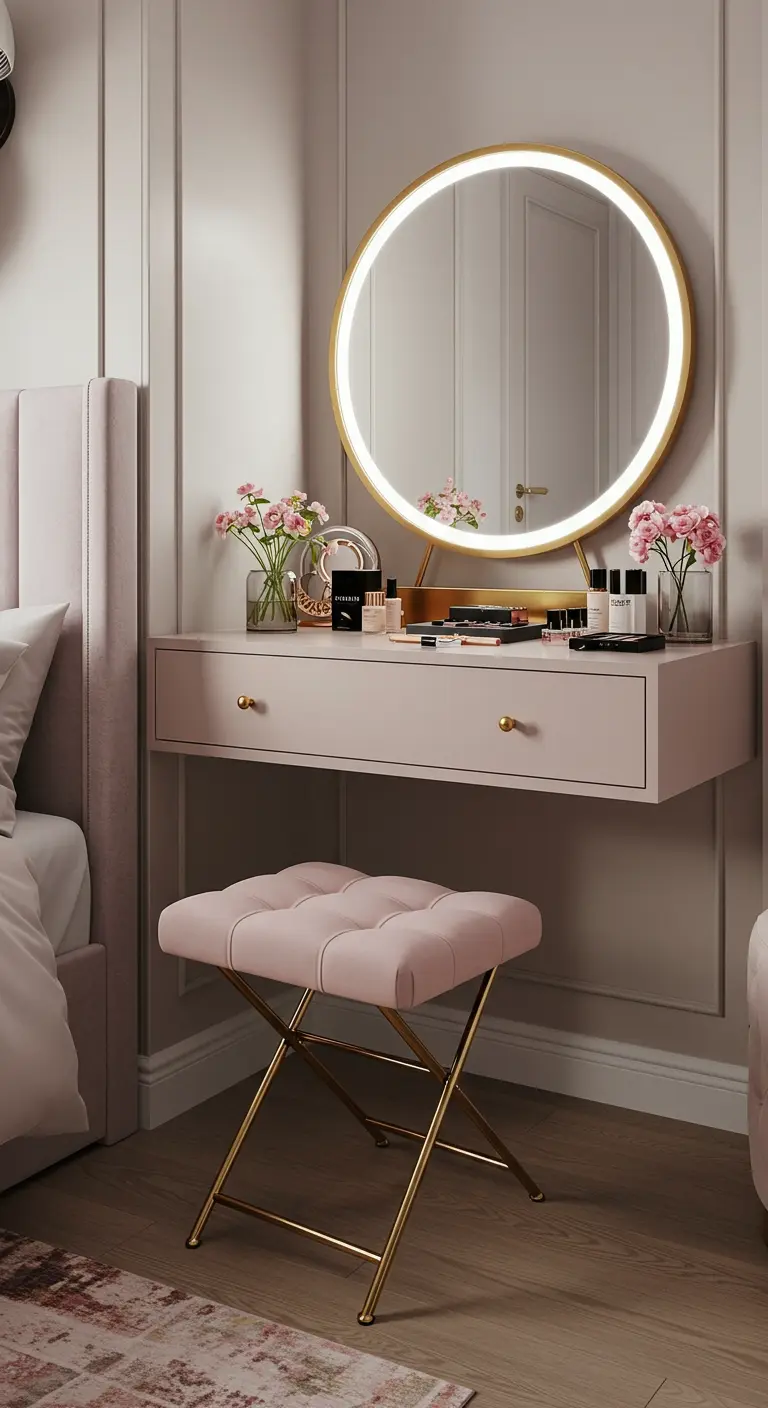 Taburete plegable de terciopelo rosa con patas doradas en un tocador.