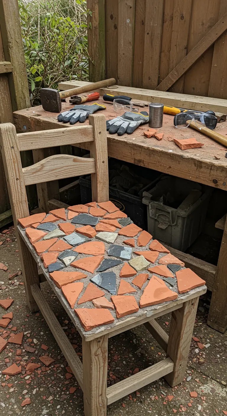 Silla de madera con el asiento cubierto de un mosaico de trozos de teja y pizarra.