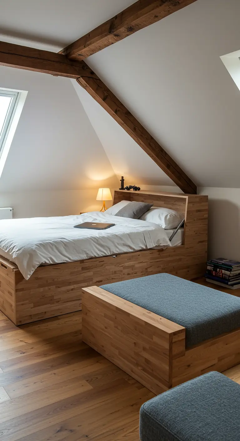Cama de madera rústica con un otomano a los pies que puede ser otra cama.