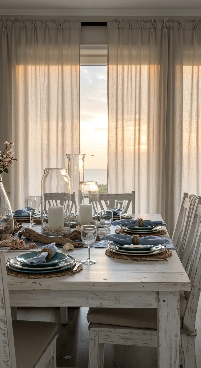 Comedor de estilo costero con mesa de madera blanca y vistas al atardecer sobre el mar.