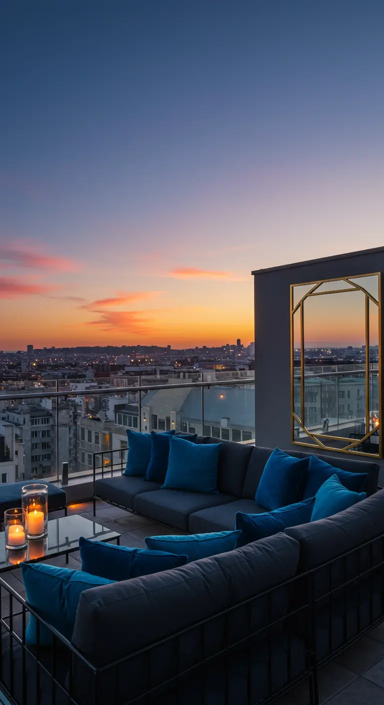 Terraza moderna con sofá modular, cojines azules y un gran espejo de marco dorado reflejando el atardecer.