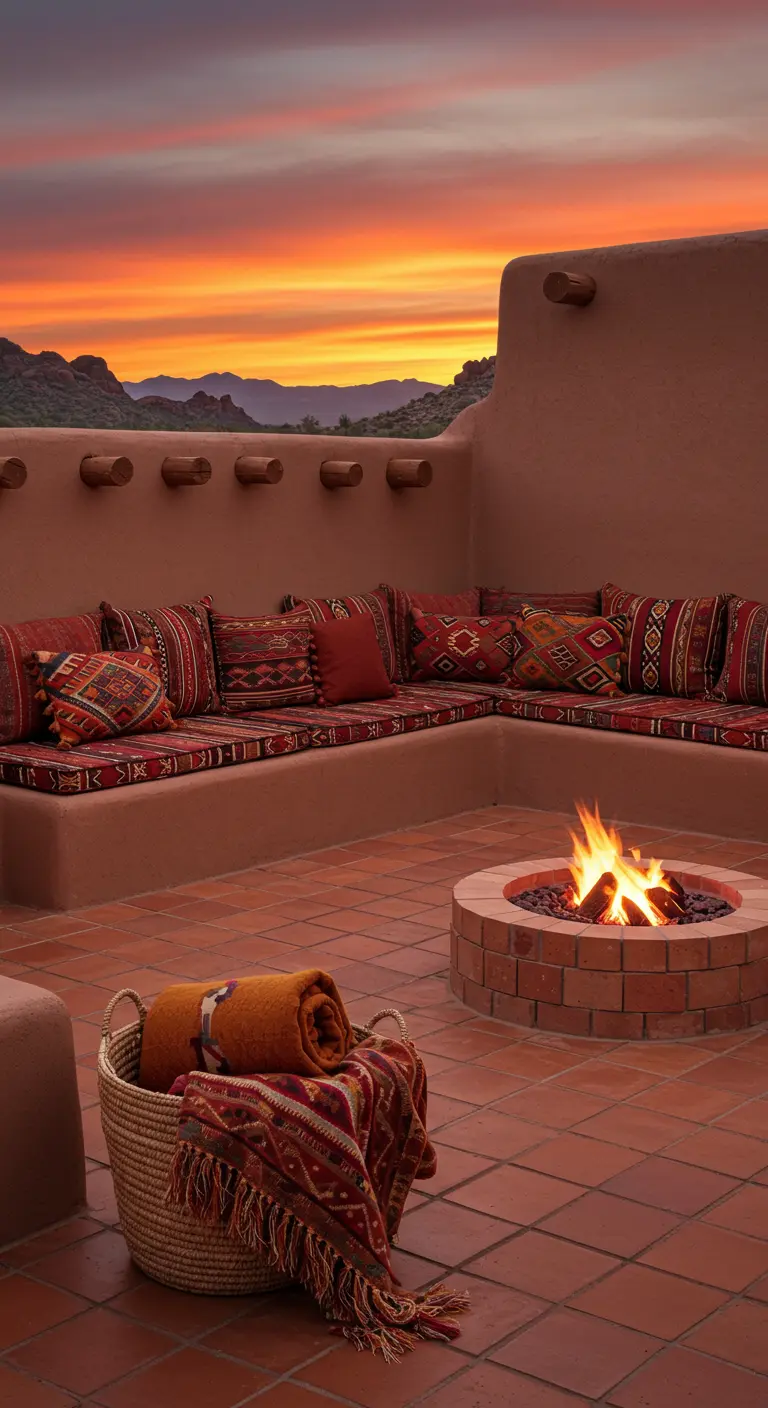 Patio de estilo adobe con banco de obra, cojines étnicos y brasero de ladrillo al atardecer.