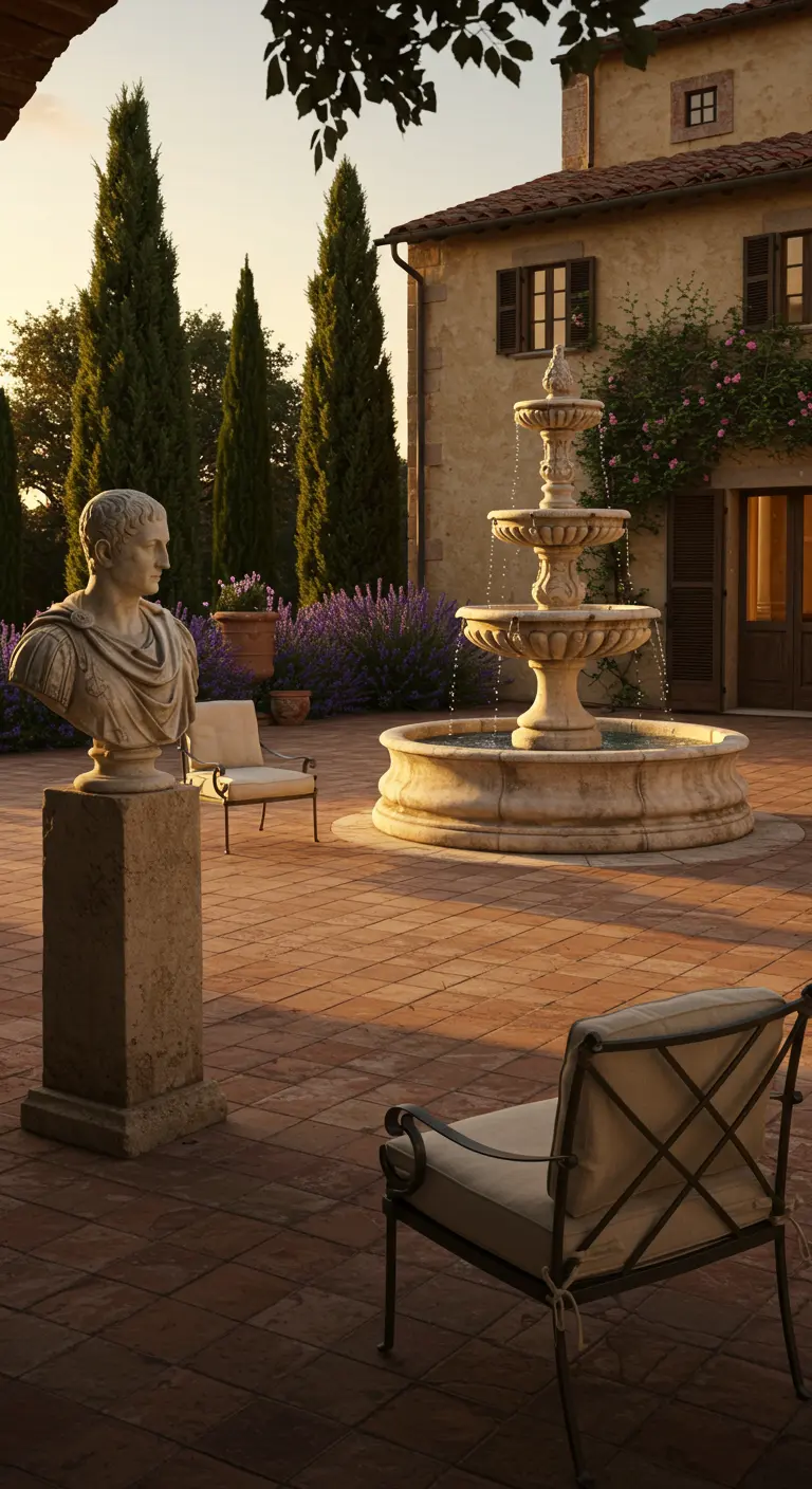 Patio de estilo toscano al atardecer con fuente de tres niveles y un busto clásico.